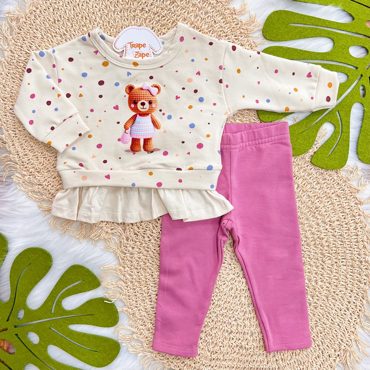 Conj. Casaco Ursinha Fofinha e Calça Legging - Areia e Uva